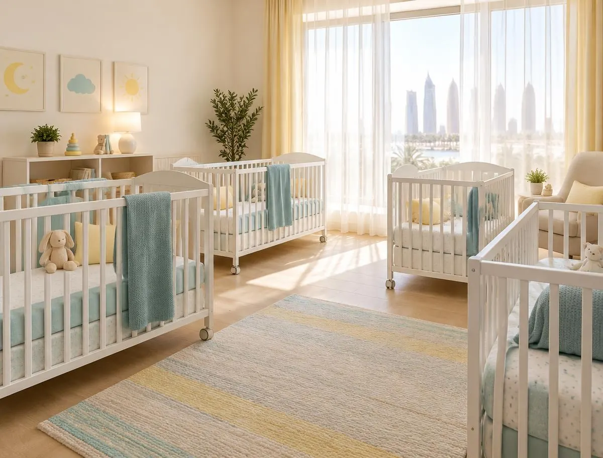 Calm nap room with white cribs and soft teal blankets