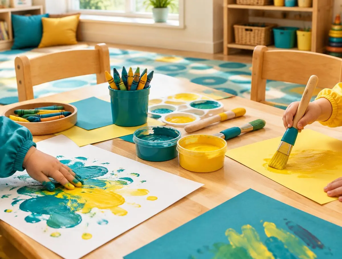 Toddlers' hands painting with teal and yellow paint at a low art table