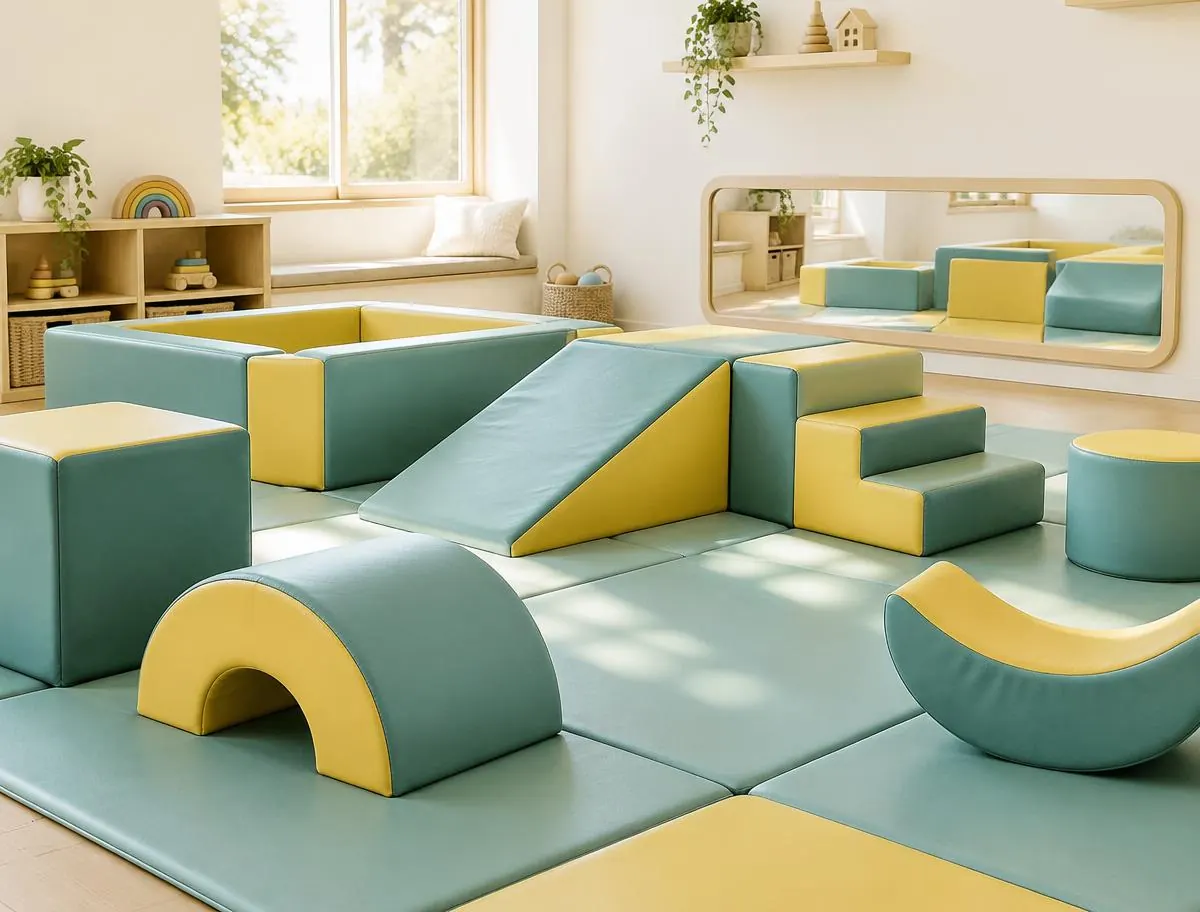 Soft foam play shapes and padded floor mats in teal and yellow