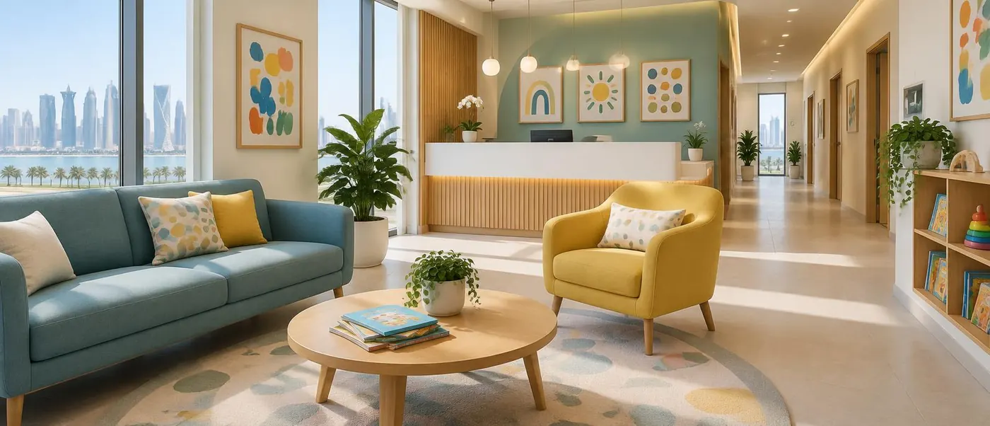 Welcoming reception area with a teal sofa, a yellow armchair and picture books