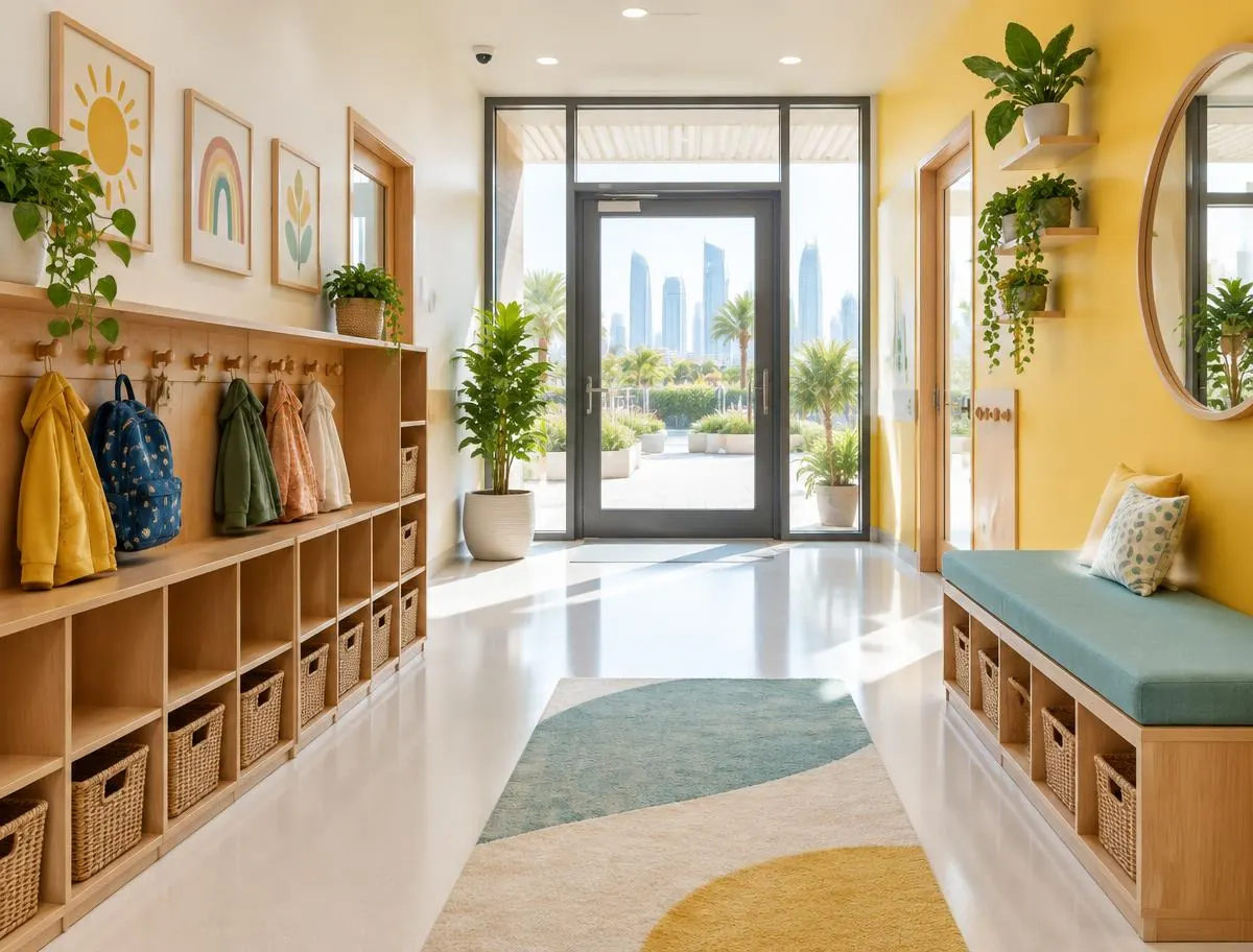 Welcoming entrance hallway with low cubbies, coat hooks and a teal bench