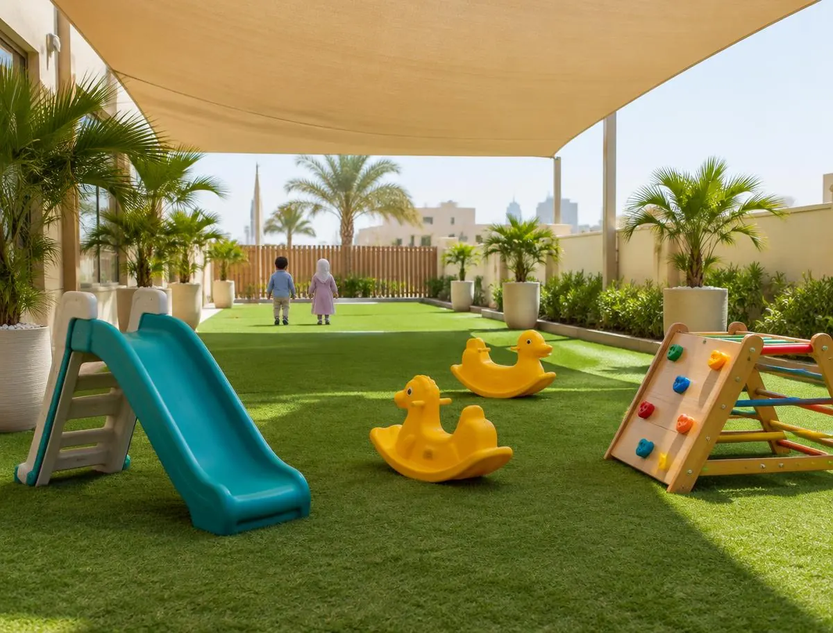 Shaded outdoor play area with artificial grass, a small slide and rocking toys