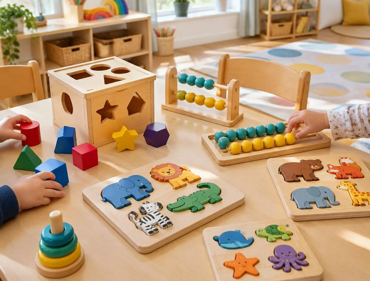 Shape sorter, wooden puzzles and bead counters on an activity table