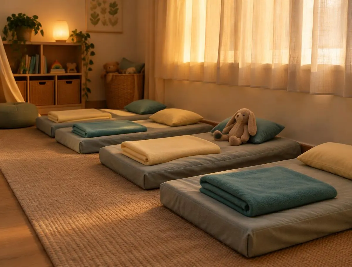 Rest corner with low nap mats, folded blankets and pillows
