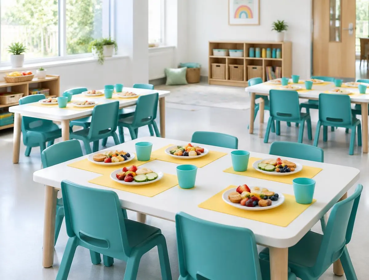 Low tables set with fruit snacks, teal cups and yellow placemats