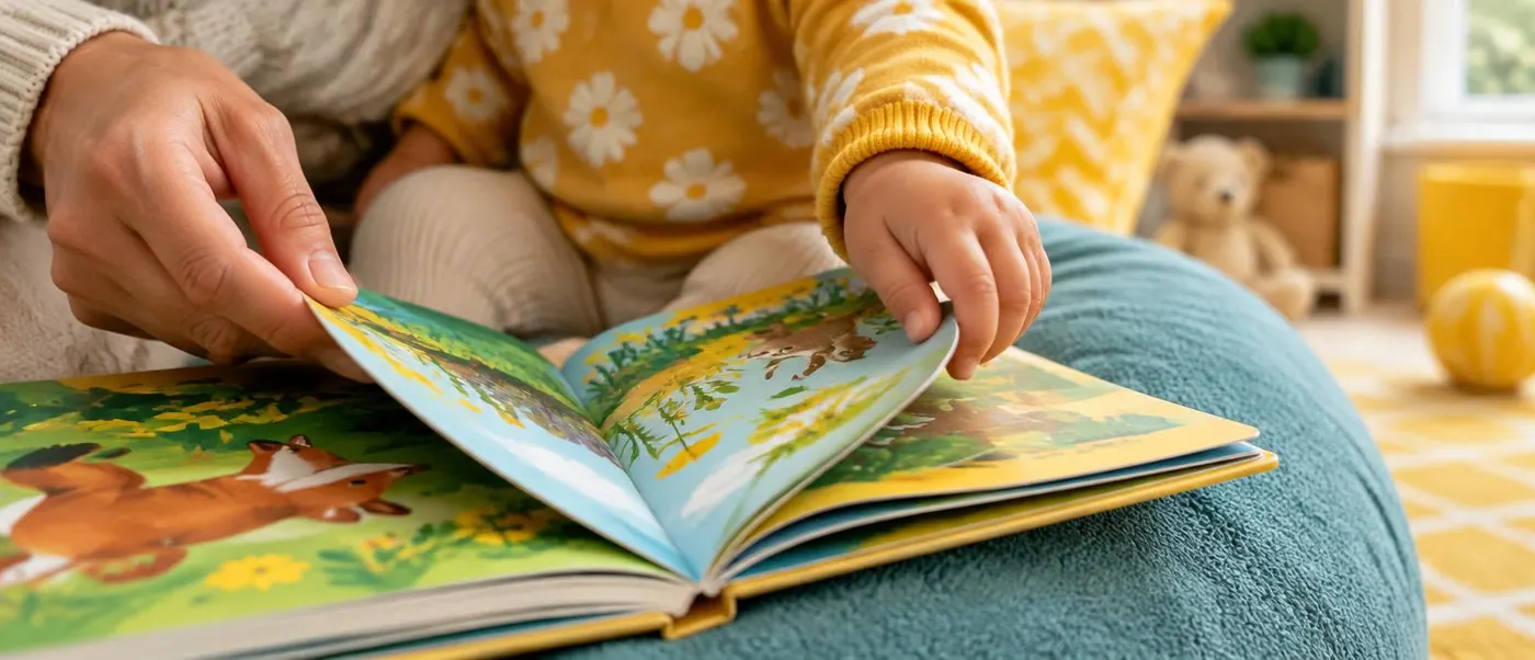 A parent's and a toddler's hands turning the pages of a picture book