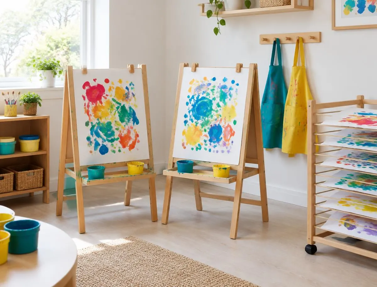 Art corner with easels, finger paintings, paint pots and aprons