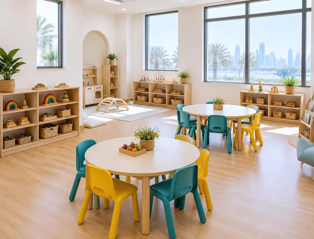 Bright classroom with round tables, child-size chairs and toy shelves