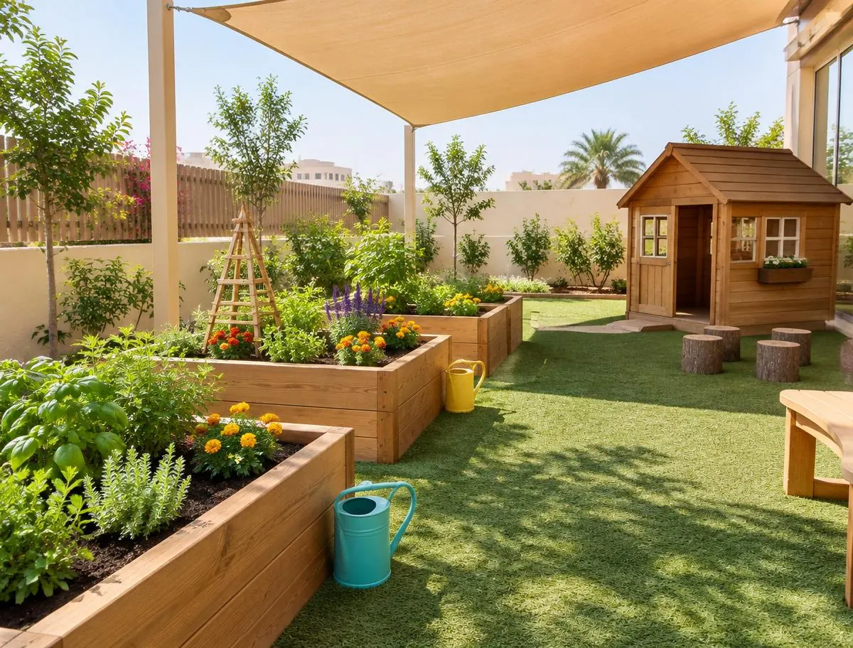 Shaded garden courtyard with raised planters, watering cans and a wooden playhouse