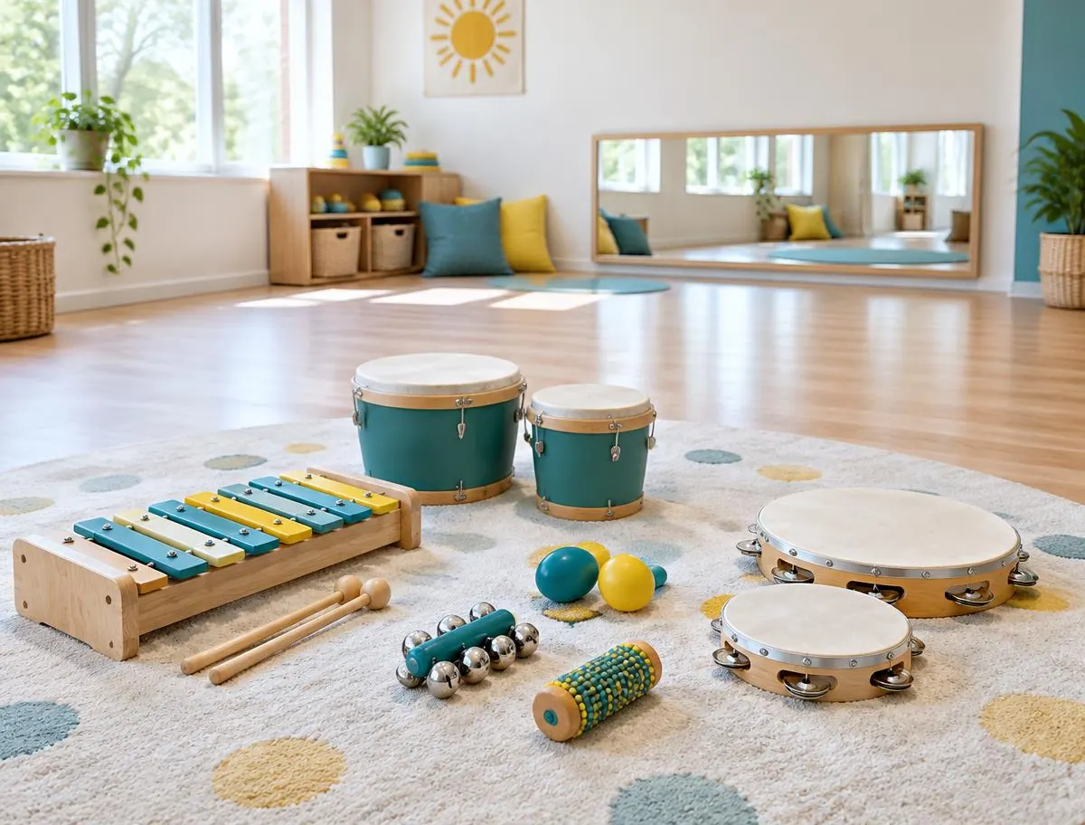 Music corner with a xylophone, drums, tambourines and shakers on a rug