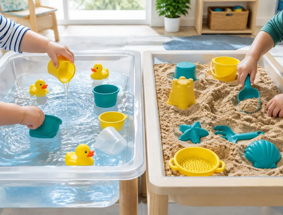 Children's hands playing at sand and water tables