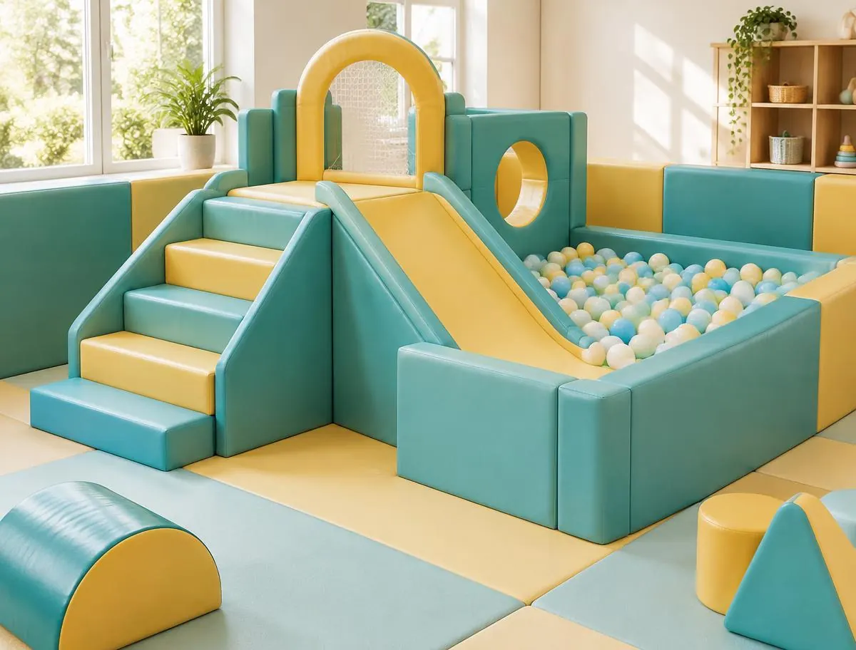 Indoor soft play area with padded steps, a slide and a ball pit