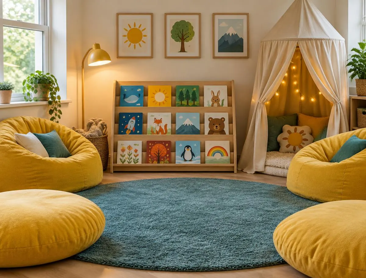 Cosy story corner with a round rug, beanbags, a book display and a reading tent