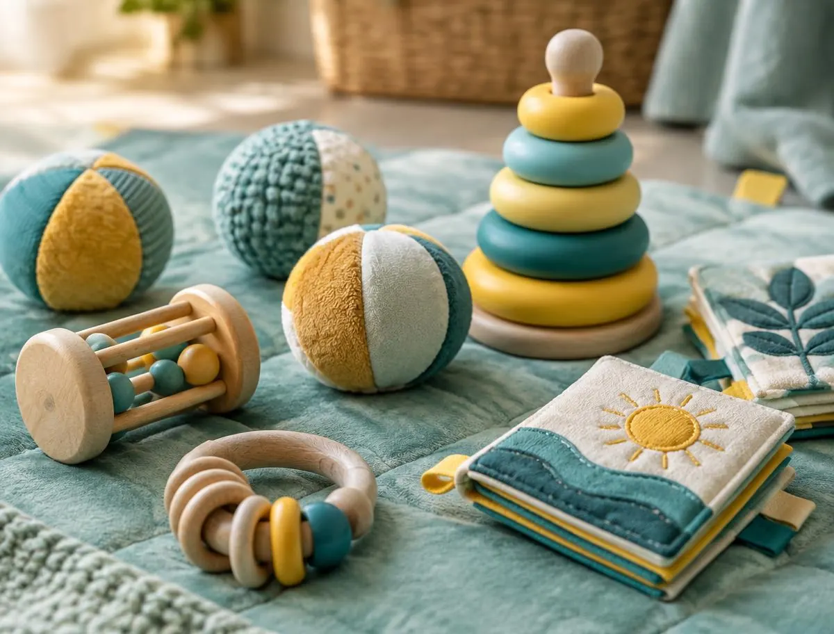 Baby sensory toys – soft balls, a wooden rattle and stacking rings on a play mat