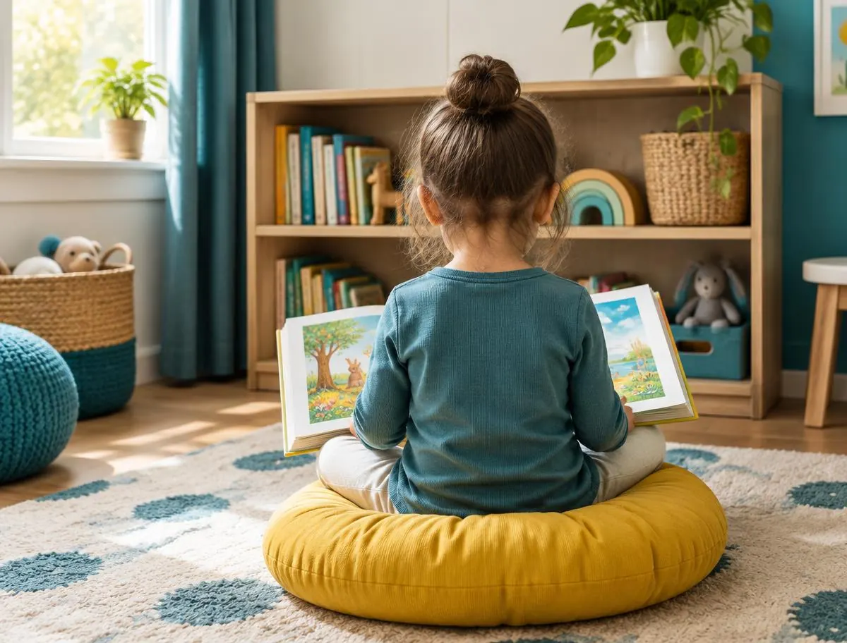 A young child, seen from behind, looking at a picture book by a bookshelf