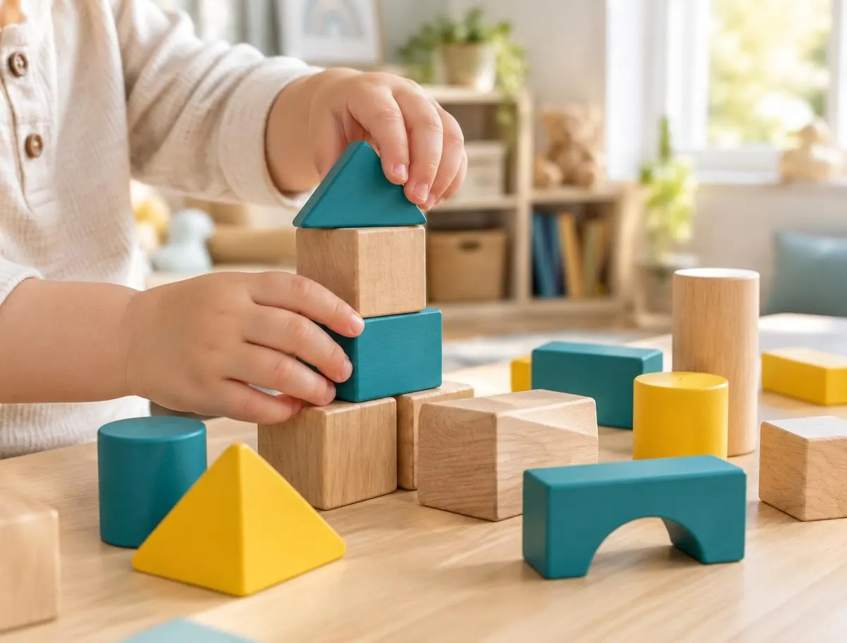 A toddler's hands stacking wooden building blocks