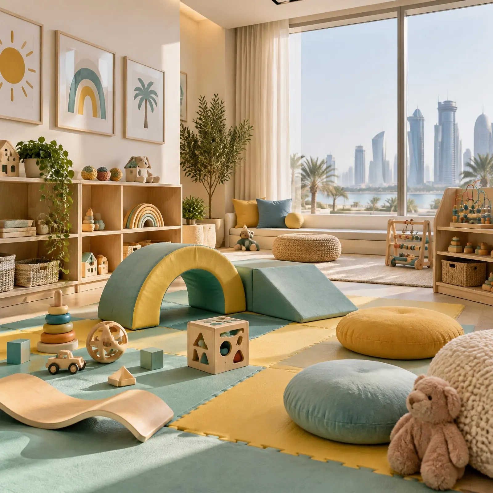 Bright toddler playroom with teal and yellow soft play mats, wooden toys and a large sunny window