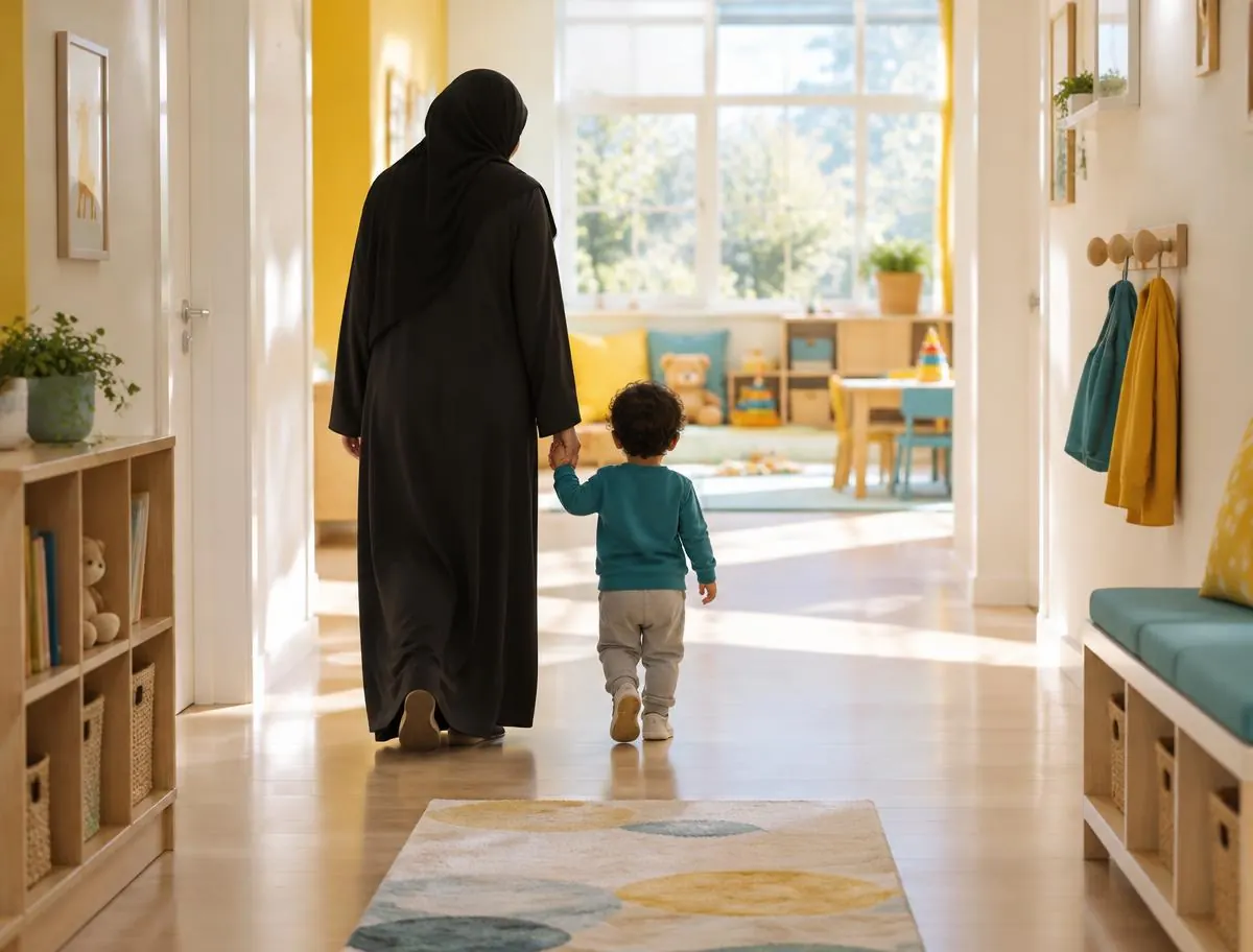 A parent in an abaya and a toddler, seen from behind, walking hand in hand along a sunny corridor